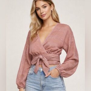 Tularosa Pink Swiss dot tie front v-neck blouse size M